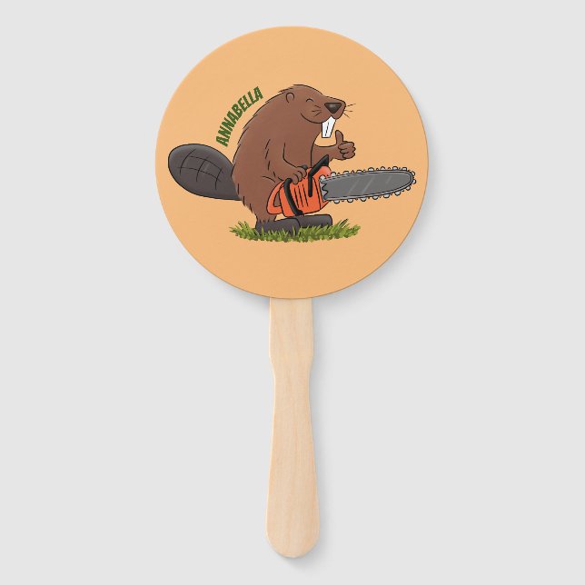 Funny beaver with chainsaw cartoon humour hand fan (Front)