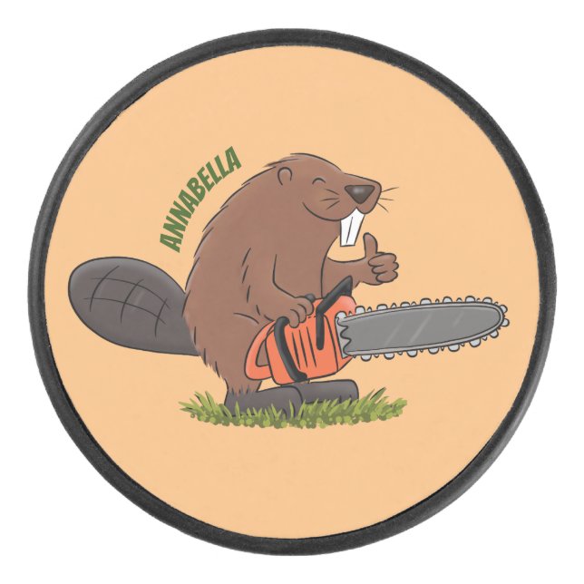Funny beaver with chainsaw cartoon humour hockey puck (Front)
