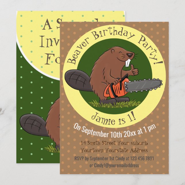 Funny beaver with chainsaw cartoon humour invitation (Front/Back)