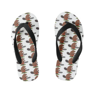 Funny beaver with chainsaw cartoon humour kid's flip flops