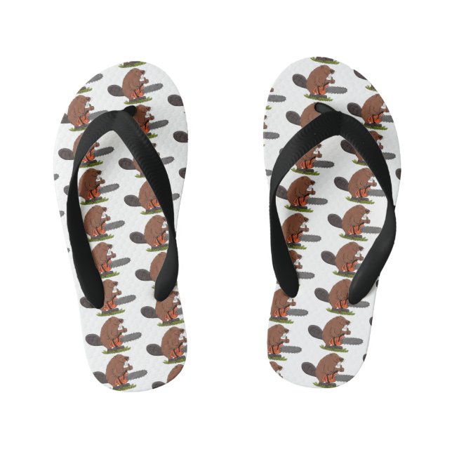 Funny beaver with chainsaw cartoon humour kid's flip flops (Footbed)