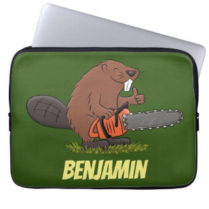 Funny beaver with chainsaw cartoon humour laptop sleeve