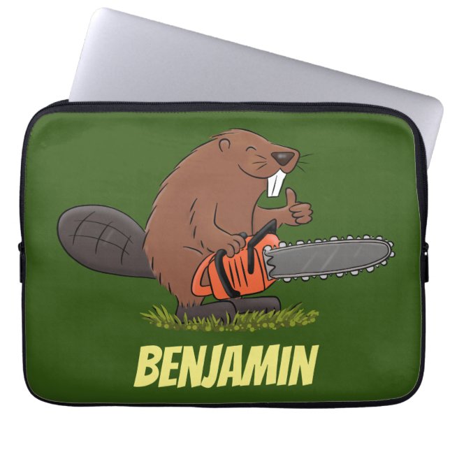 Funny beaver with chainsaw cartoon humour laptop sleeve (Front)