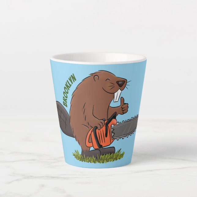 Funny beaver with chainsaw cartoon humour latte mug (Front)
