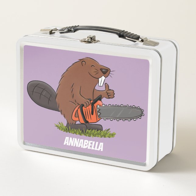 Funny beaver with chainsaw cartoon humour metal lunch box (Front)