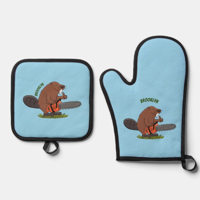 Funny beaver with chainsaw cartoon humour oven mitt & pot holder set (Front)
