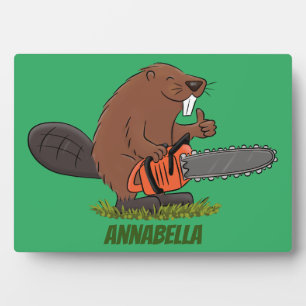 Funny beaver with chainsaw cartoon humour plaque