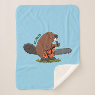 Funny beaver with chainsaw cartoon humour  sherpa blanket