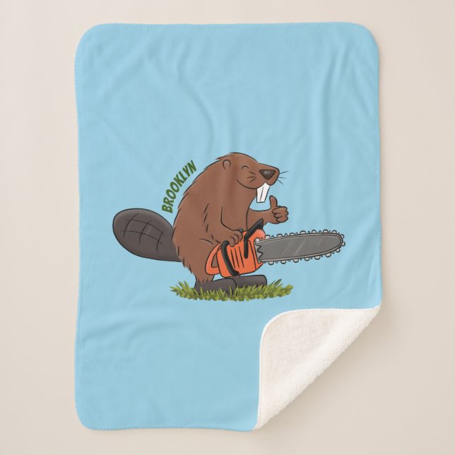 Funny beaver with chainsaw cartoon humour  sherpa blanket (Front)