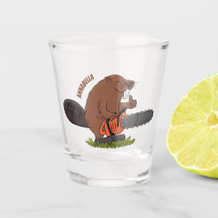 Funny beaver with chainsaw cartoon humour  shot glass
