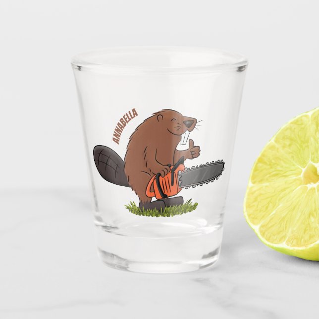 Funny beaver with chainsaw cartoon humour  shot glass (Front)