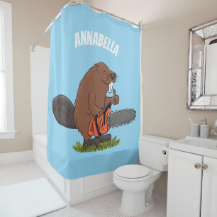 Funny beaver with chainsaw cartoon humour shower curtain