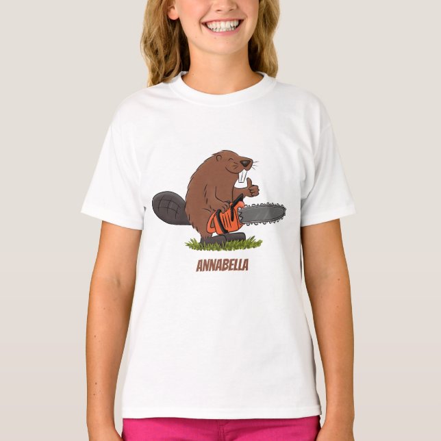 Funny beaver with chainsaw cartoon humour T-Shirt (Front)