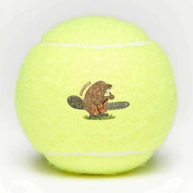 Funny beaver with chainsaw cartoon humour tennis balls (Front)