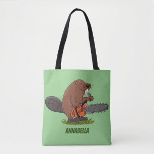 Funny beaver with chainsaw cartoon humour tote bag