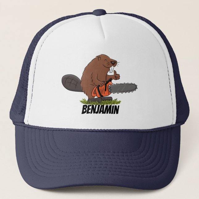 Funny beaver with chainsaw cartoon humour trucker hat (Front)