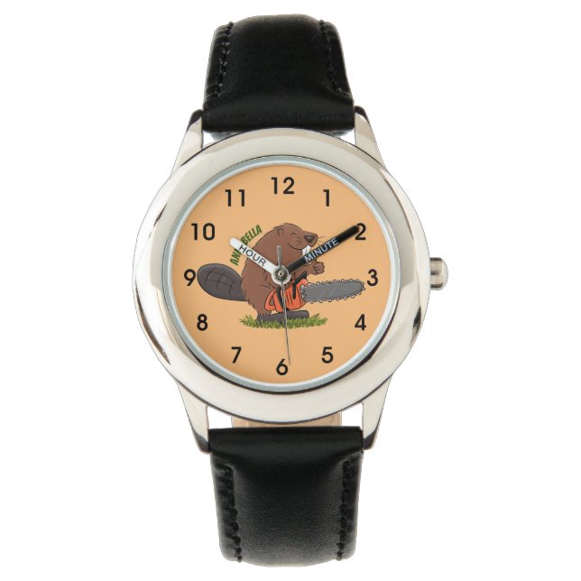 Funny beaver with chainsaw cartoon humour watch (Front)