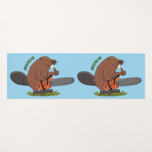 Funny beaver with chainsaw cartoon humour yoga mat