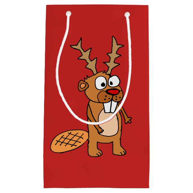 Funny Beaver with Reindeer Antlers Christmas Art Small Gift Bag (Front)