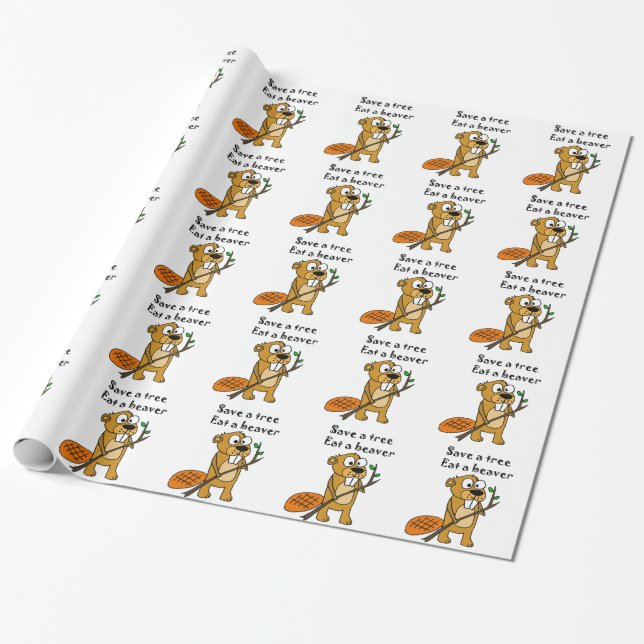 Funny Beaver with Tree Cartoon Wrapping Paper (Unrolled)