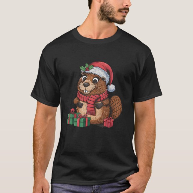 Funny Beaver Xmas Holiday Santa Beaver Christmas T-Shirt (Front)