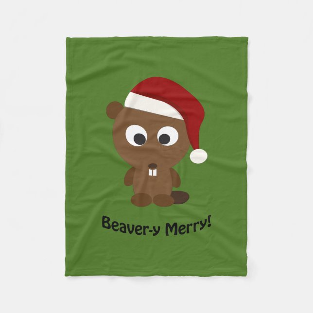 Funny Beaver-y Merry! Santa Beaver Fleece Blanket (Front)