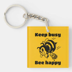 Funny Bee Keep Busy Bee Happy Motivational Cartoon Key Ring