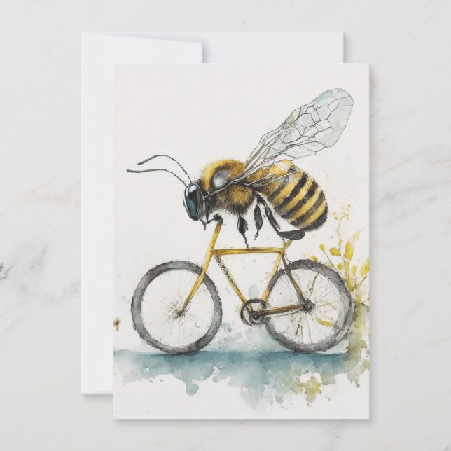 Funny bee riding a bicycle watercolor drawing, bee card (Front)