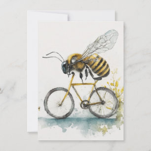 Funny bee riding a bicycle watercolor drawing, bee card