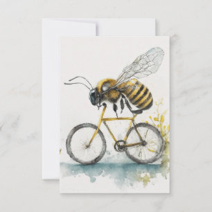 Funny bee riding a bicycle watercolor drawing, bee thank you card