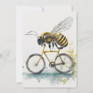 Funny bee riding a bicycle watercolor drawing, bee thank you card