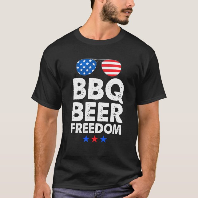 Funny Beer BBQ Freedom Tee Shirt Men American Grap (Front)