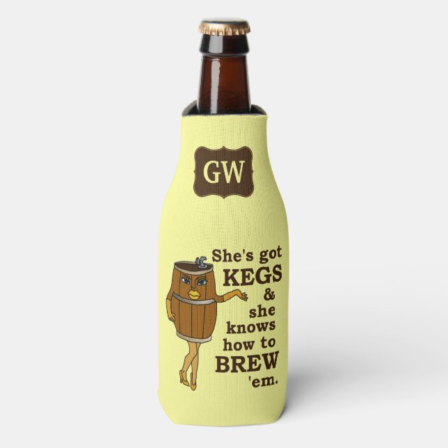 Funny Beer Brewer Keg Woman with Monogram Bottle Cooler (Bottle Front)