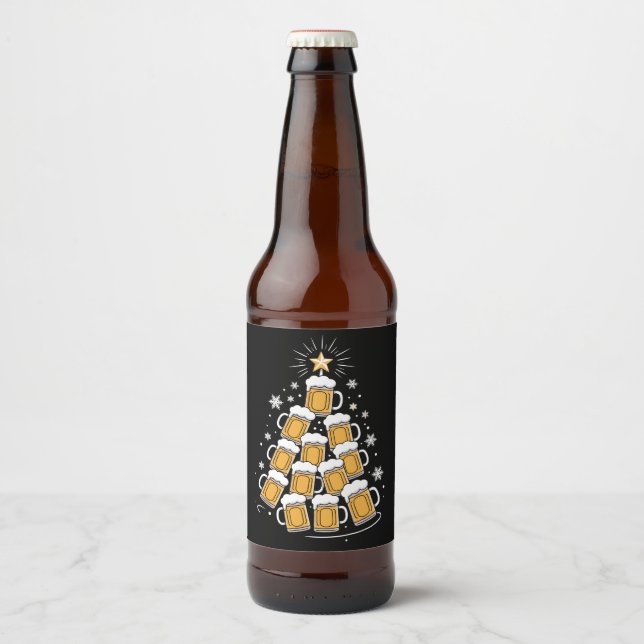 Funny Beer Christmas Tree Holiday Drinking Bottle Label (Front)