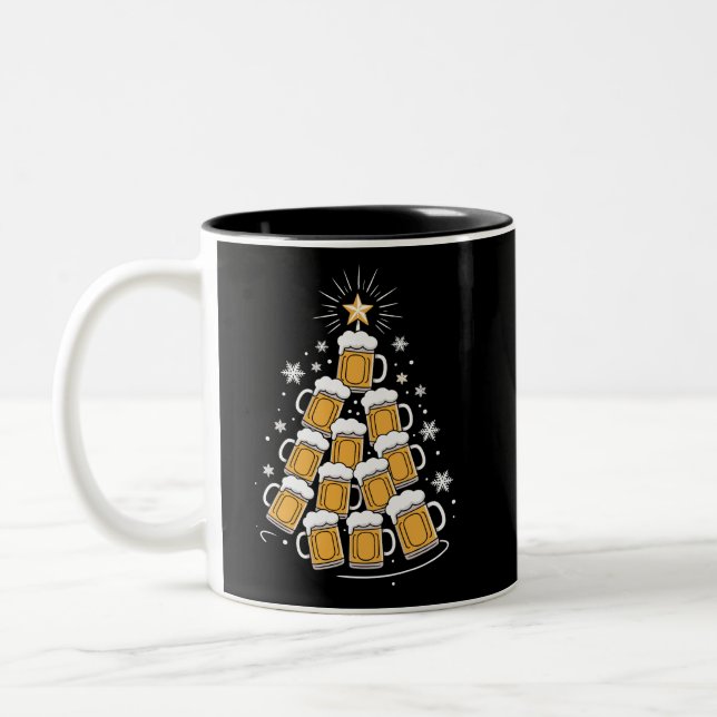 Funny Beer Christmas Tree Holiday Drinking Two-Tone Coffee Mug (Left)