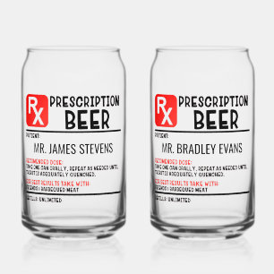 Funny Beer Prescription Personalised Name Beer Can Glass