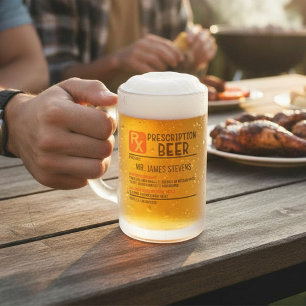 Funny Beer Prescription Personalised Name Frosted Glass Beer Mug