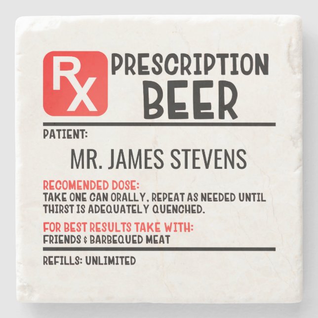 Funny Beer Prescription Script Personalised Name Stone Coaster (Front)