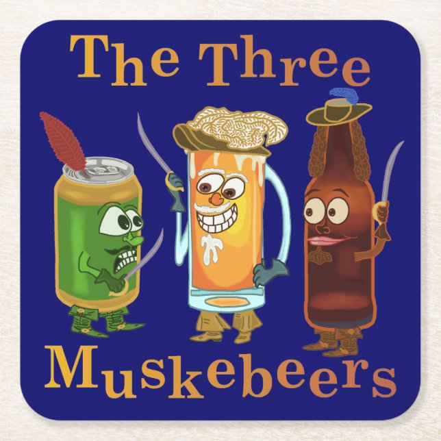 Funny Beer Pun Three Muskebeers Humourous Square Paper Coaster (Front)