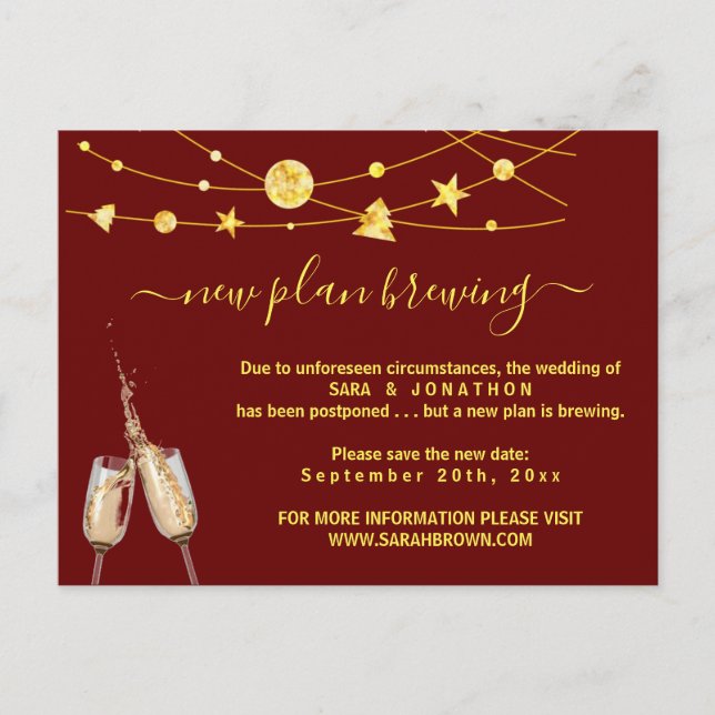 Funny Beer Wedding Postponement Announcement Postc Postcard (Front)