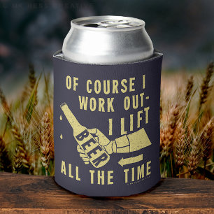 Funny Beer Work Out Humour on Blue Can Cooler