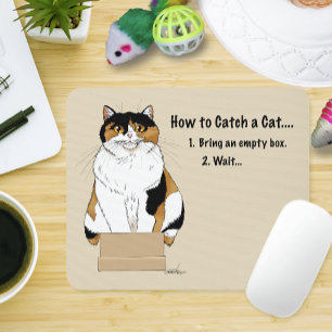 Funny Beige Calico Cat Box Humour Caught Mouse Mat