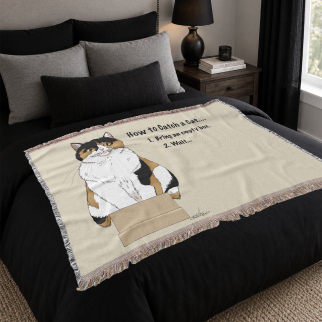 Funny Beige Calico Cat Box Humour Caught Throw Blanket (Creator Uploaded)