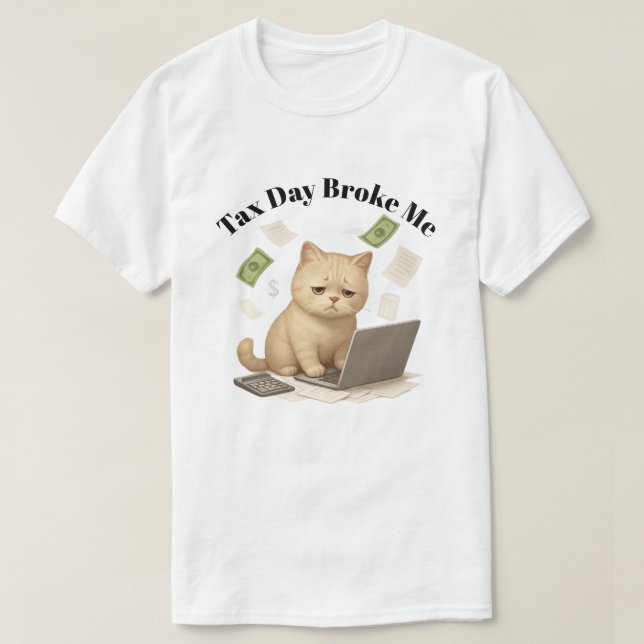 Funny Beige Minimal Stressed Cat Tax Day T-Shirt (Design Front)