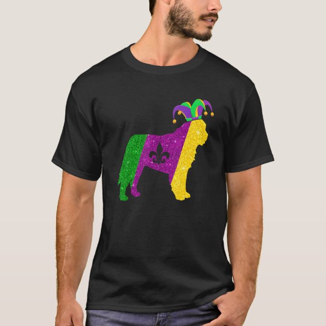 Funny Bernard Dog Mardi Gras Party Mask Beads Dog T-Shirt (Front)