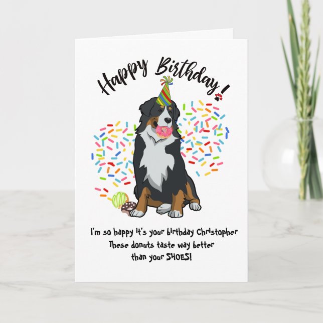 Funny Bernese Mountain Dog Birthday Card Doughnuts (Front)