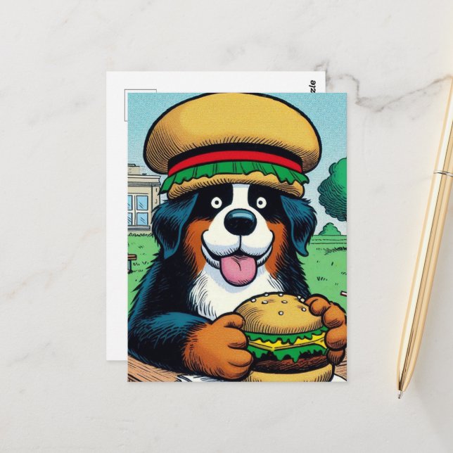 Funny Bernese Mountain Dog With Cheeseburger Postcard (Front/Back In Situ)