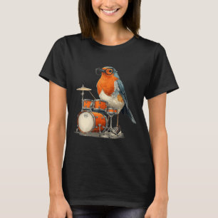 Funny bespectacled Robin Bird with Rocking Drums T-Shirt