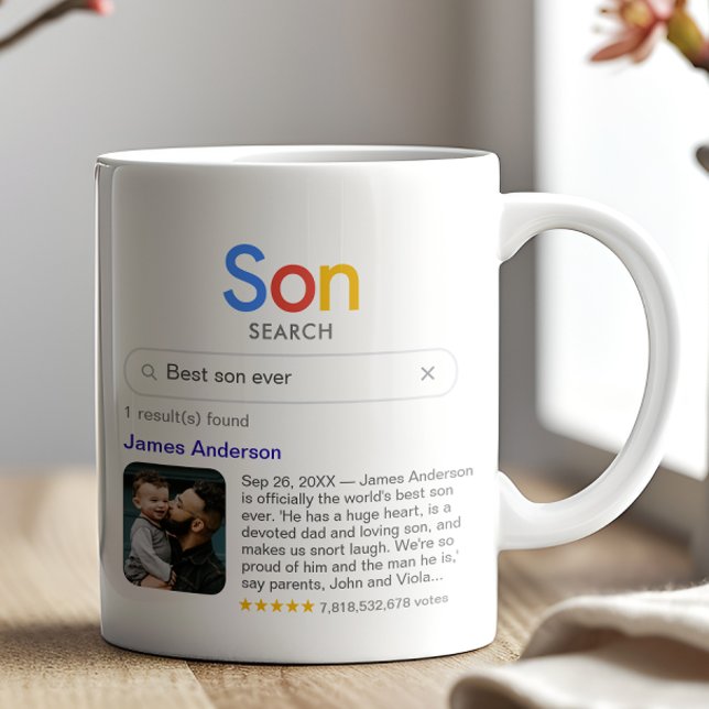 Funny Best Son Ever Search Result With Photo Coffee Mug (Customize the mug with your own search term, your son's name, a photo and your personal message)