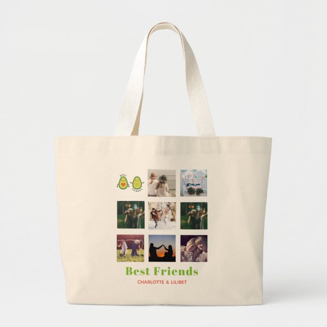 Funny BFF PHOTO COLLAGE Gift Personalized AVOCADO Large Tote Bag (Front)